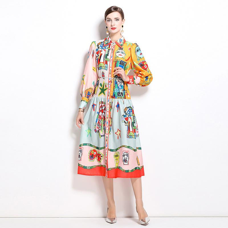Spring Autumn Women Brand Designer Print Runway Dress Turn-down Collar Shirt Party Dresses With Belt