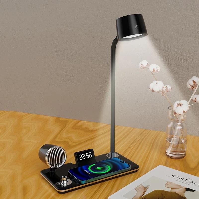 Светодиодная настольная лампа с USB-портом, Bluetooth, многофункциональная, беспроводная зарядная панель, подставка, часы для спальни, прикроватный декор, освещение, настольный свет