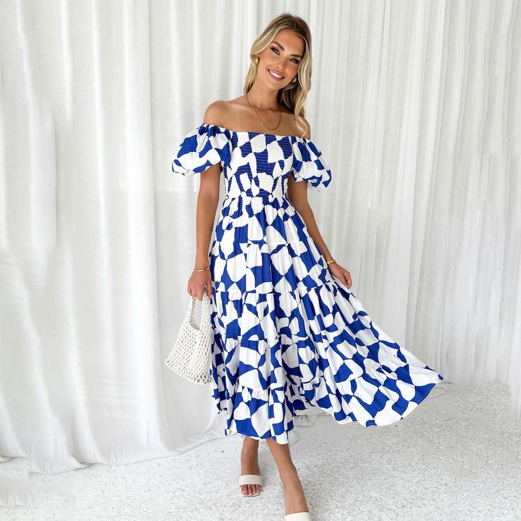 Летнее женское модное плиссированное платье без бретелек длиной до щиколотки с коротким рукавом и принтом