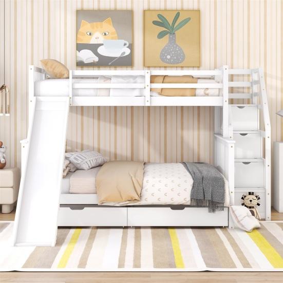 Stable Base Bunk Bed with Drawers Ladder Slide Storage Shelves Wood Frame Family Loft Bed Bedroom