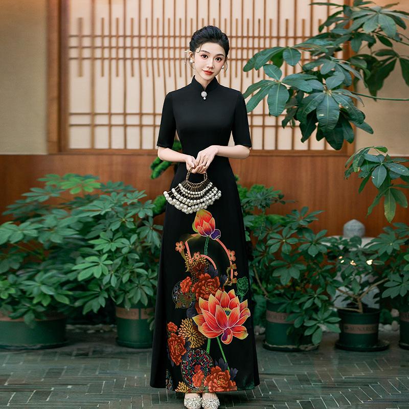 Летнее синее платье ципао высокого класса в стиле ао дай 2025 года для подиума и вечернего выхода