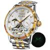 OLEVS Men's Automatic Mechanical Watch with Moon Phase Display, Stylish Skeleton Design, Waterproof, Popular, Luminous Watch, White & Gold