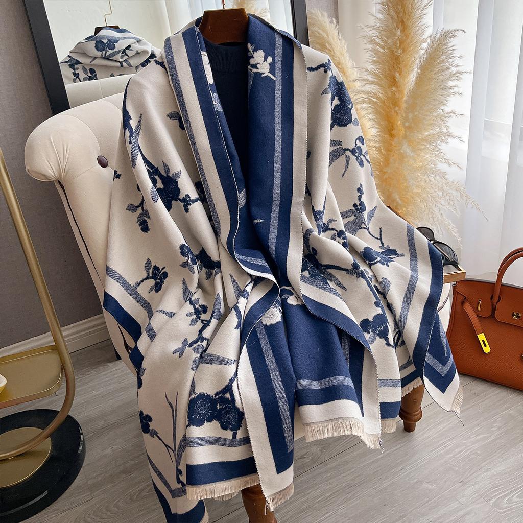 Fashionable And Elegant Scarf Women'S Winter High-End Flower Imitation Cashmere Double-Sided Thickened Long Scarf Large Shawl