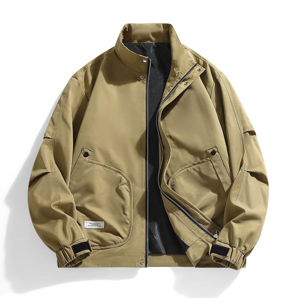 Мужская куртка 2025 года с воротником-стойкой, однотонная: Гонконгский стиль, Повседневный большой размер, Тонкое пальто в военно-промышленном стиле