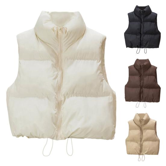 Зимний женский жилет, пальто, утолщенный, с застежкой-молнией, воротник-стойка, без рукавов, однотонный, с защитой от ветра и холода