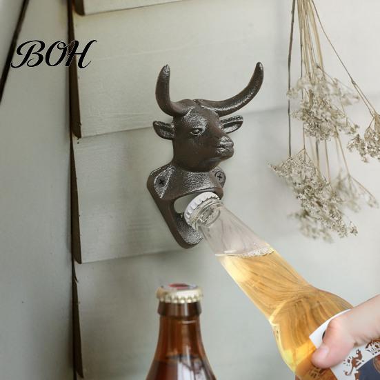 Decorative Wall Bottle Opener Elk Cow Head Opener, Mounted Beer Cap Remover, Rustic Iron for Home Bar, Industrial Decor Cast