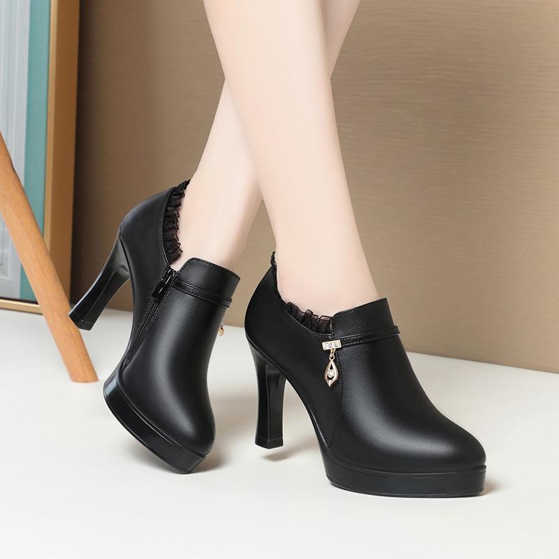 Fashion High Heeled Single Shoes Soft Sole Soft Surface Comfortable Deep Mouth Fashionable Plus Velvet Warm Women's Leather Shoes