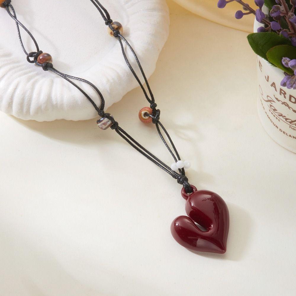 Flowers Beads Heart Pendant Necklace Adjustable Beaded Necklace Irregular Heart Necklace  For Women