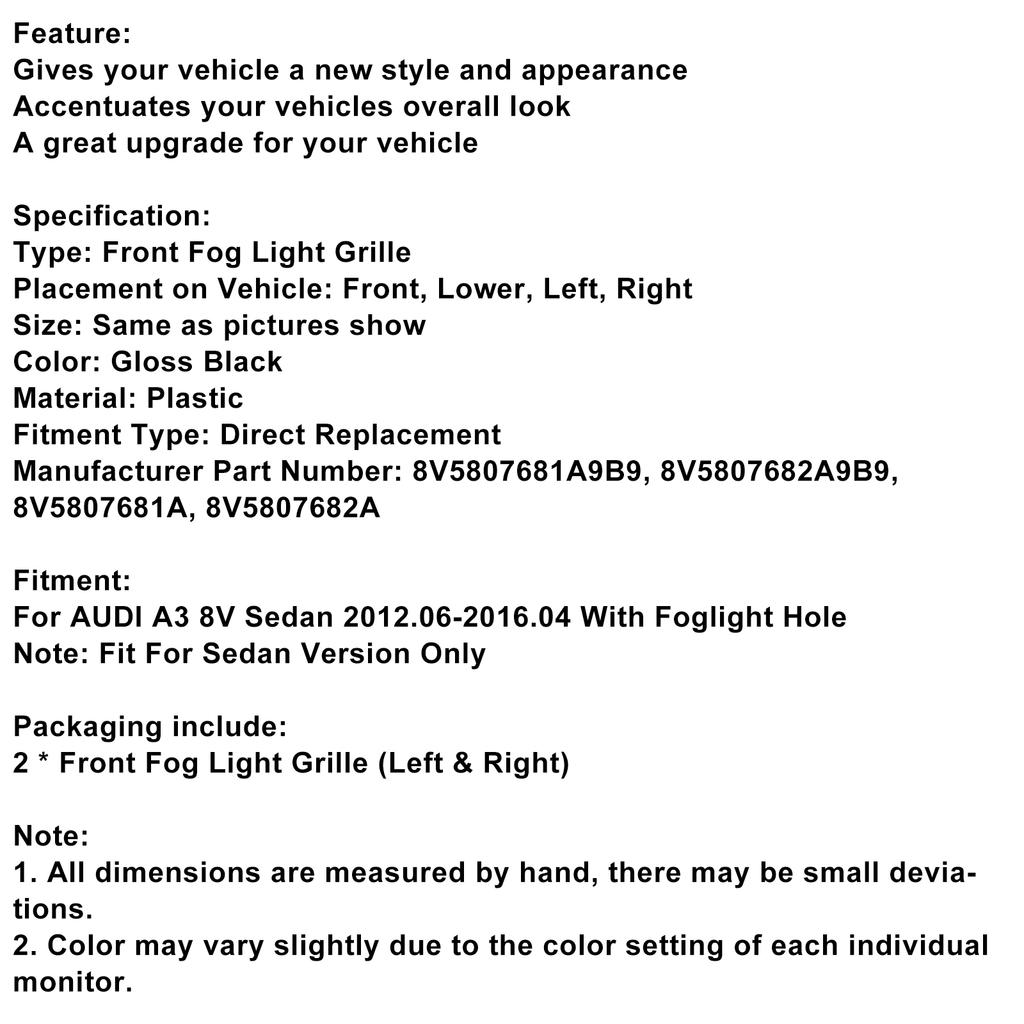 Gloss Black Front Fog Light Grill Covers 8V5807681A9B9 8V5807682A9B9 Fit A3 8V Sedan 2013-2016