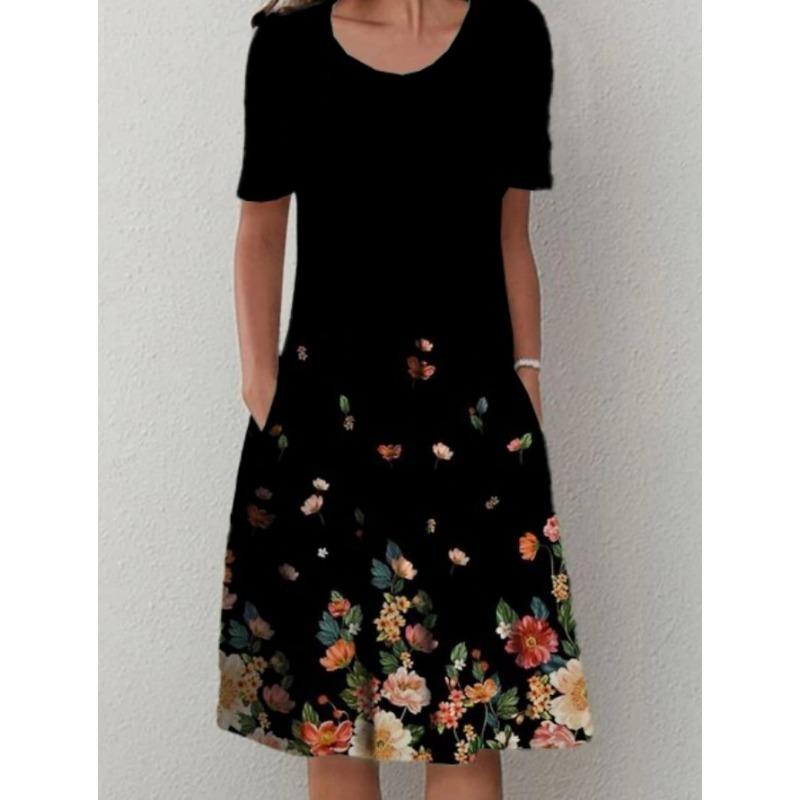 Женская мода лето весна цветочный узор принт короткий рукав О-образный вырез свободная талия повседневные платья