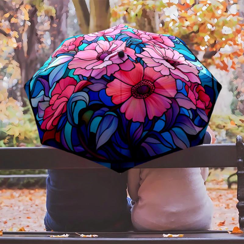 flower art Theme Automatic Umbrella Compact 8-Rib Design Sturdy Construction Durable Umbrella Stylish Accessory