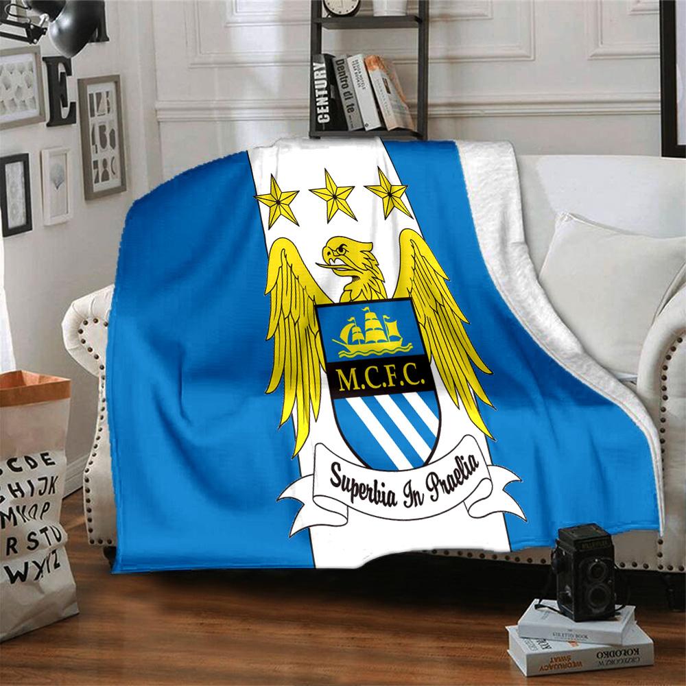 Football Manchester Crest Flannel Blanket, Soft Polyester, Modern Design, All-Season for Camping, Travel, Gifts for holidays or birthdays