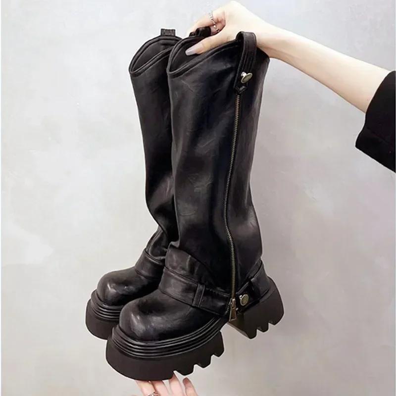 Fashion New Chunky Platform Boots Women 2025 Winter Warm Non-slip Thick Bottom Long Boots for Women Rivet Zip Punk Design Knight Boots