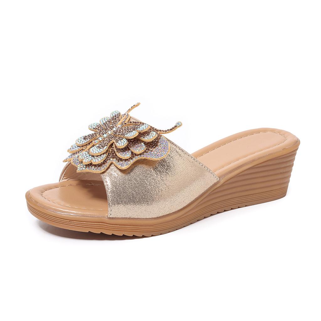 Модные Модные Шлепанцы на Толстой Подошве для Женского Летнего Кемпинга Шлепанцы с Открытым Носком и Стразами в Форме Бантика для Пляжа Женские Шлепанцы на Танкетке