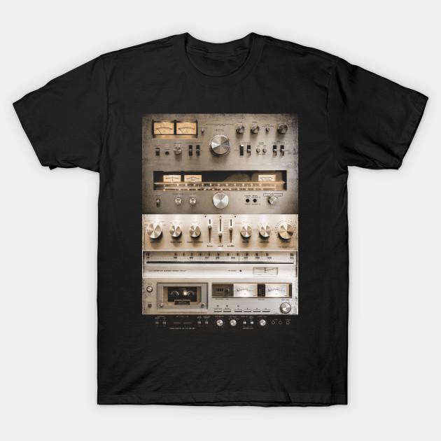 Asian Size Men Black Print T-shirt Setup Vintage Audio Hifi Sound System Mixed Media Collage No-Cut Heat Transfer Print Cotton Tshirt