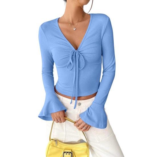 Женские топы с V-образным вырезом, расклешенные, с длинным рукавом, на шнуровке, пуловеры, облегающие, однотонные, повседневные топы, универсальная повседневная одежда