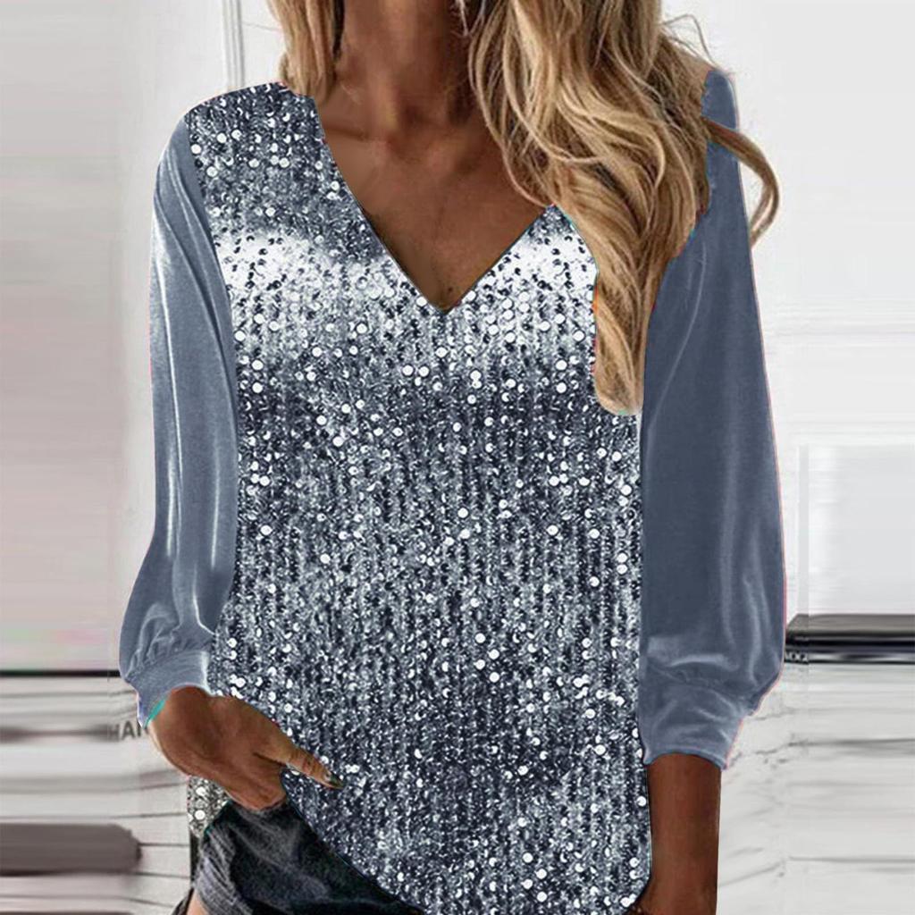 Womens Sequin Tops V Neck Sparkly Glitter Blouses Loose Long Sleeve Holiday Evening Party Shiny Dressy Shirts