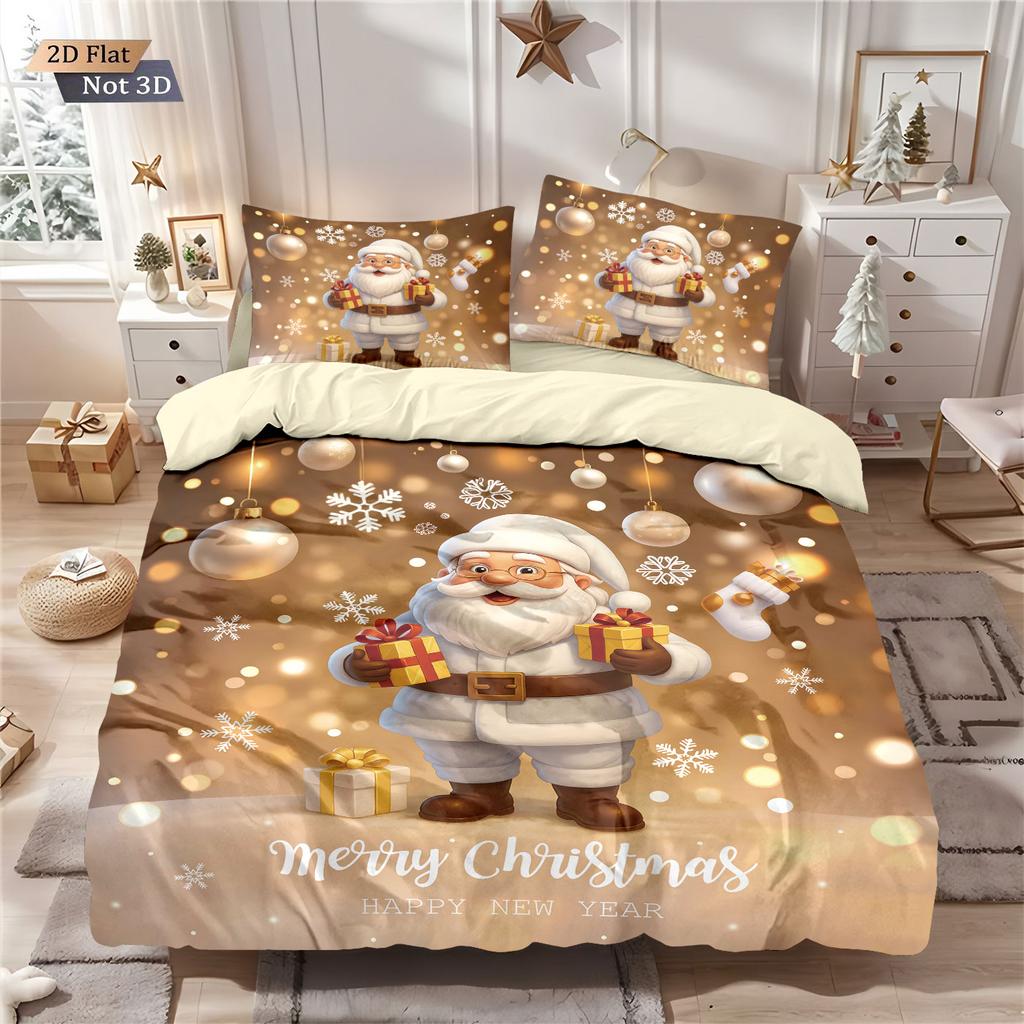 3pcs Merry Christmas Santa Claus Gold Printed Quilt Set Multi Size Dormitory Bedding Holiday Decoration Machine Washable
