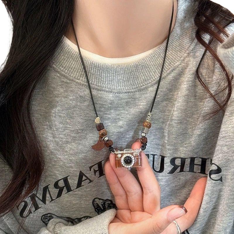 K-pop Хип-хоп Простая Личность Винтажный Коричневый Подвеска-Камера Ожерелье Женщины Мужчины Панк Y2K Шармы Ювелирные Аксессуары