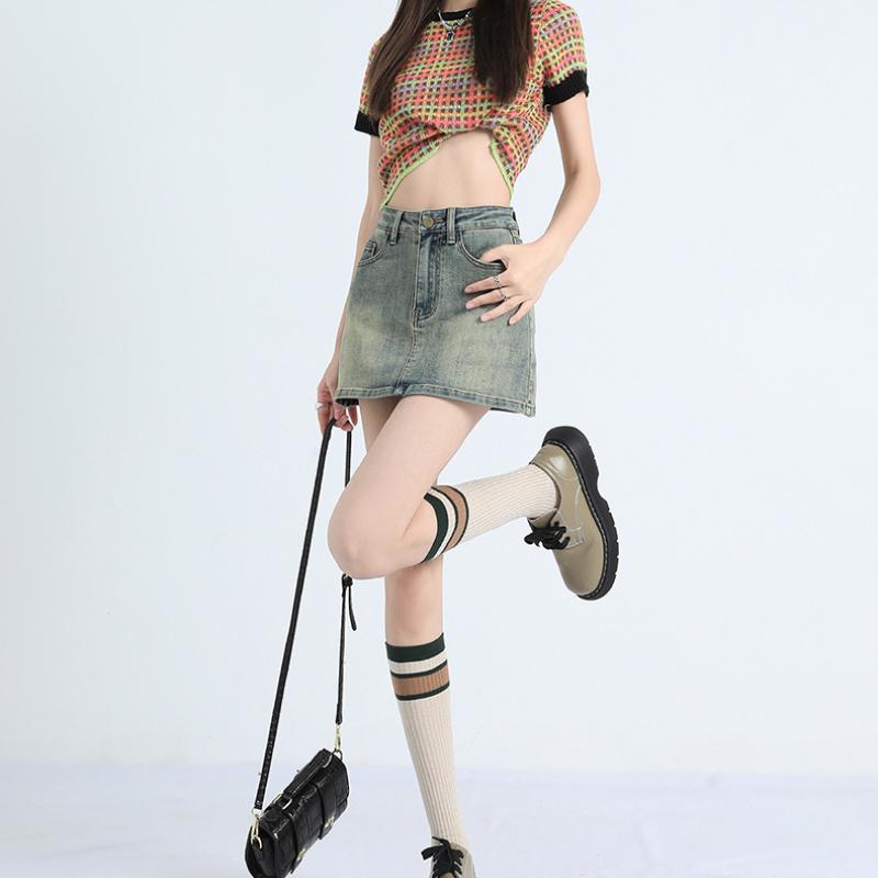 Джинсовая короткая юбка в стиле ретро, ​​женская летняя короткая юбка для похудения с высокой талией, антибликовая юбка трапециевидной формы с запахом на бедрах