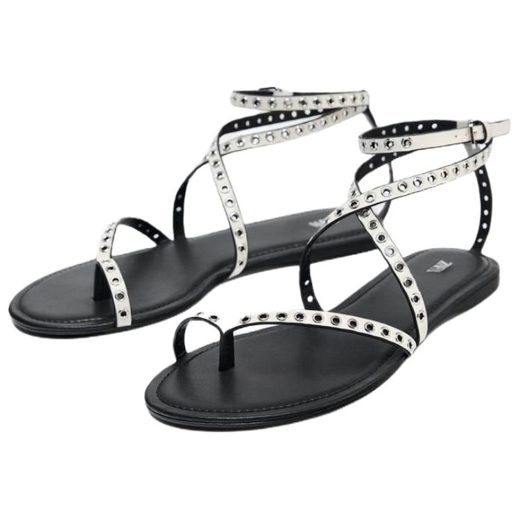Zara Pu Open Toe Fashion Studded Flat One Strap Sandals 1Cm Women Sandals White 1618510001