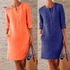Long Sleeve Solid Color Plus Size Casual Cotton Linen Women Tunic Kaftan Dress