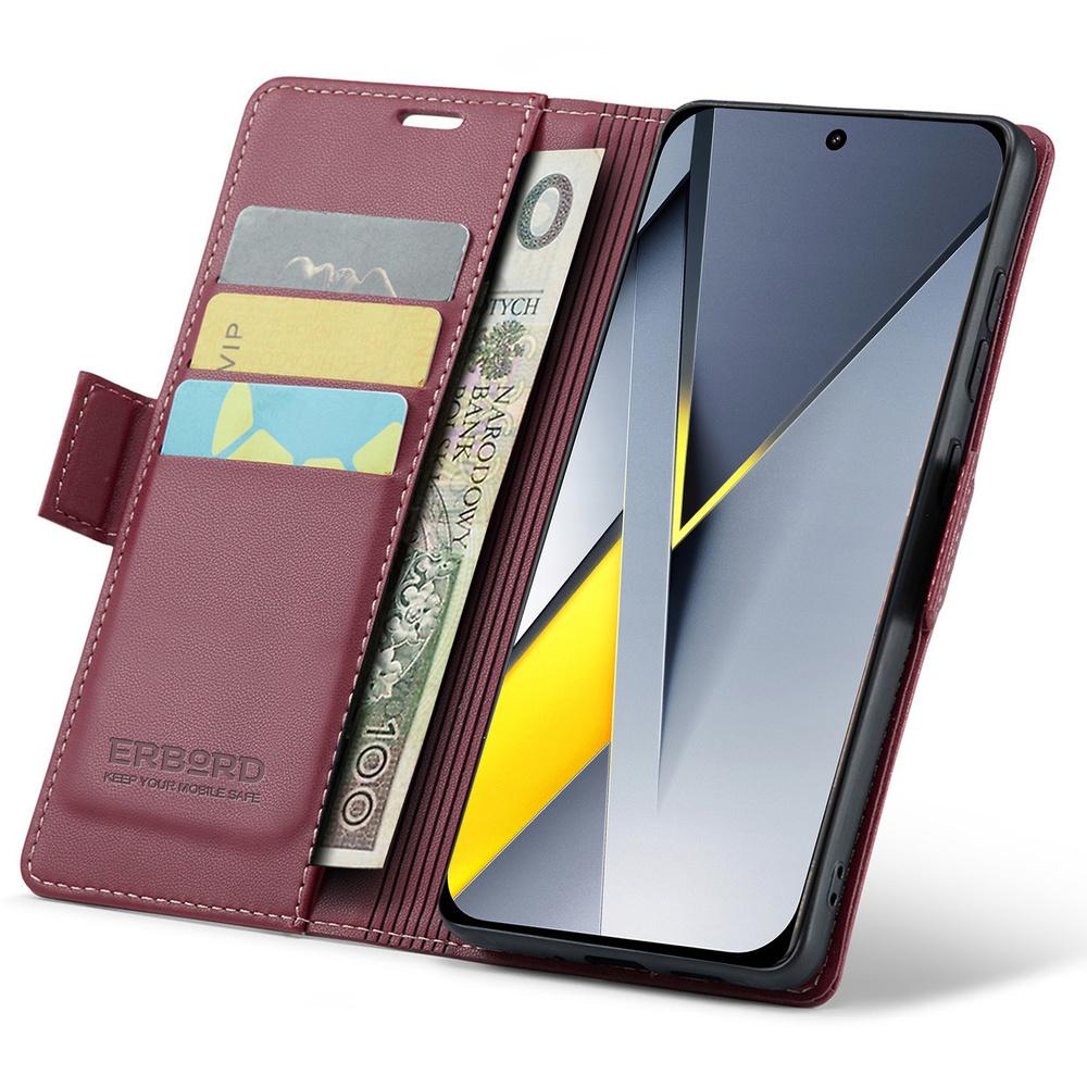 Xiaomi Poco F8 Pro Case, ERBORD Glossy Litchi, Wallet Flip Cover, Red