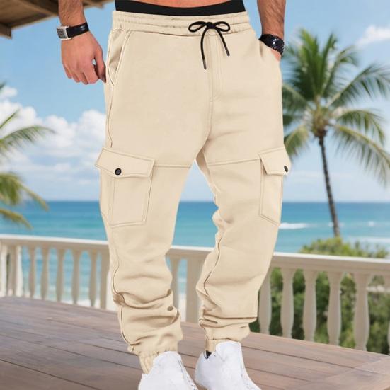 Men Winter Sweatpants Thickened Cargo Pants Warm Casual Baggy Trousers Drawstring Waist Jogger Pants for Work Street Daily Wear