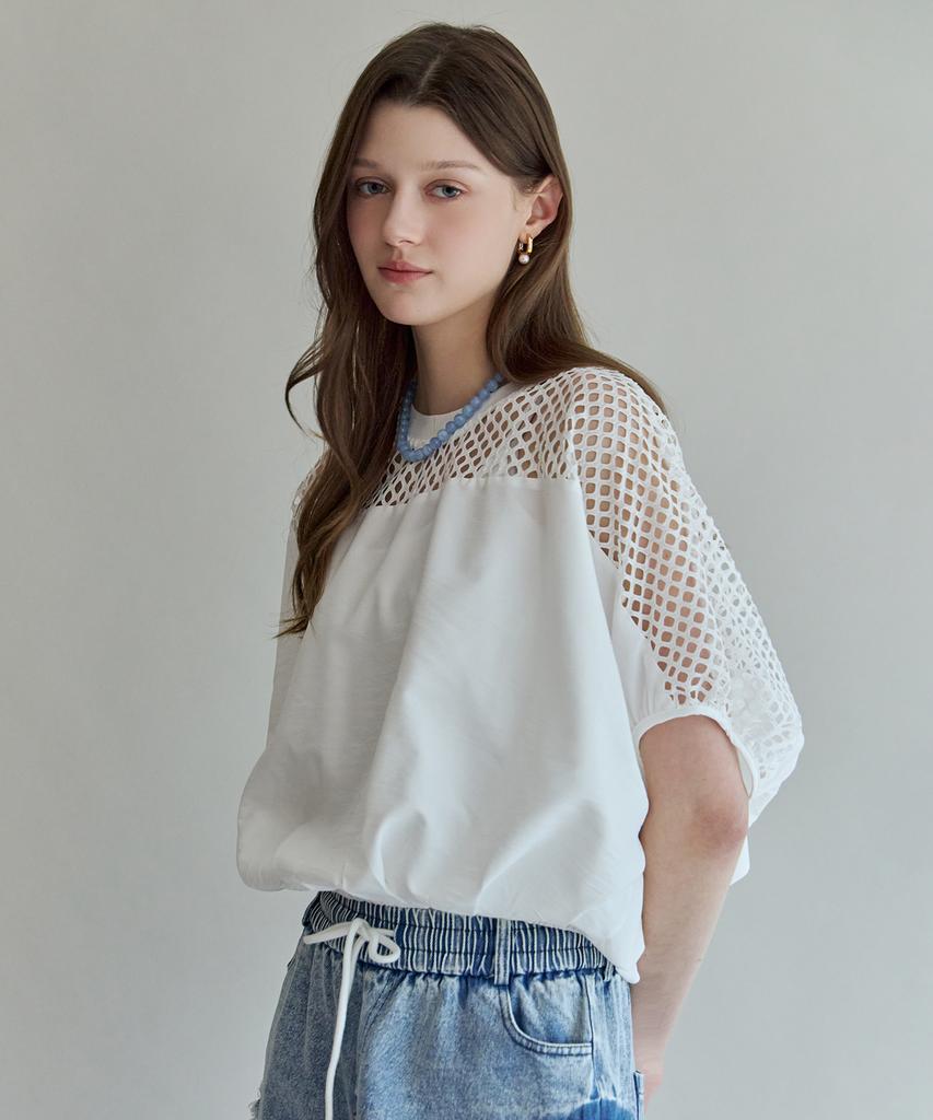 MAXZA Mesh Contrast Elastic Waist Loose Fit Short Sleeve T-Shirt