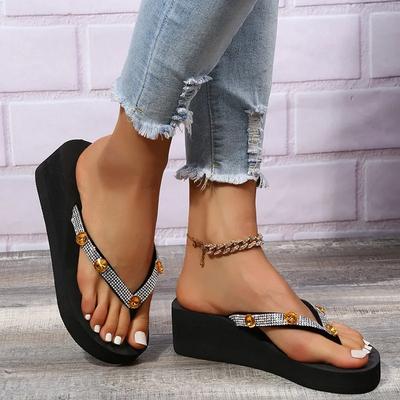 Модная женская обувь со стразами и пайетками, шлепанцы для женщин, модные сандалии на платформе-клине, женская уличная обувь, легкие нескользящие тапочки