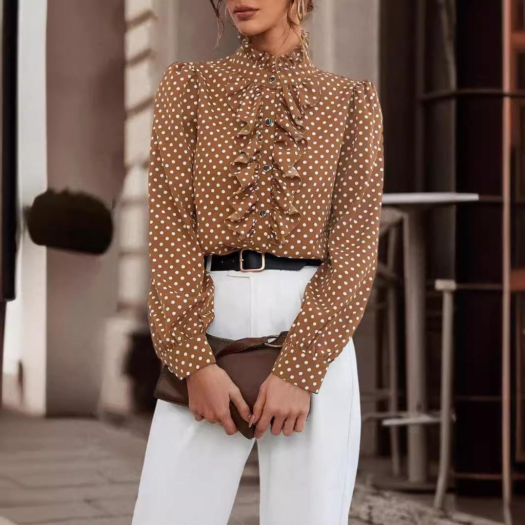 Элегантный топ с длинными рукавами, воротником-стойкой и винтажной отделкой в горошек, женские блузки и рубашки