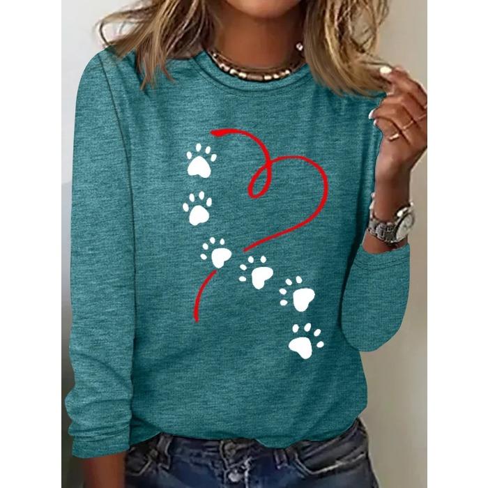Round Neck 3D Printed Love Cat Footprint Pattern Top Fashionable Casual Long Sleeved Women's T-shirts