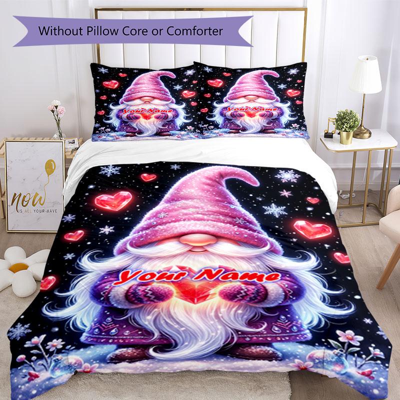 3PC Custom Name Gnome Hearts Snowflakes Bedding Set Duvet Cover Closure Includes 1 Duvet Cover & 2 Pillowcases for Bedroom