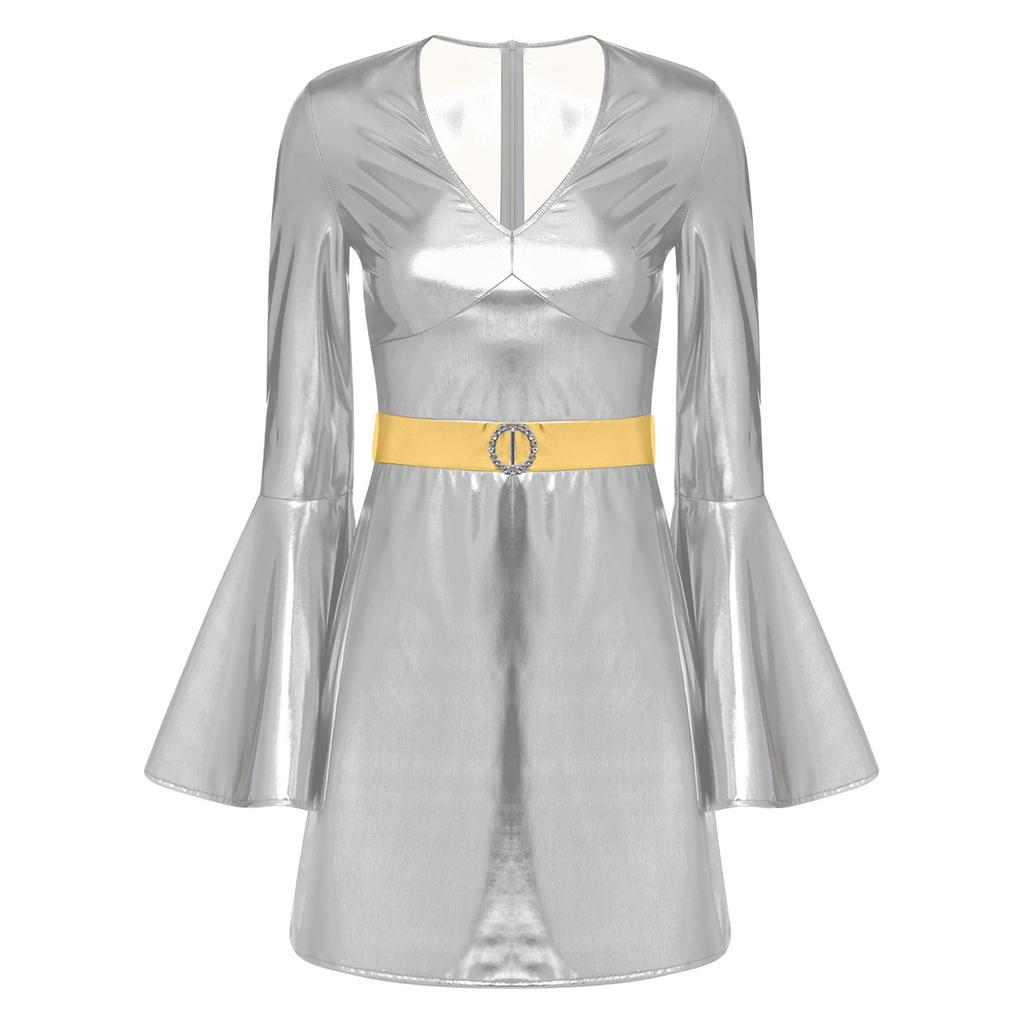 Женский костюм диско 70-х годов, платье-бодикон с V-образным вырезом, рукавами-клеш, кристальным декором, металлическим блеском