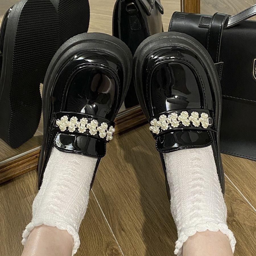 Женские новые нишевые дизайнерские туфли на толстой подошве в стиле жемчуг, универсальные, из мягкой кожи, с круглым носком