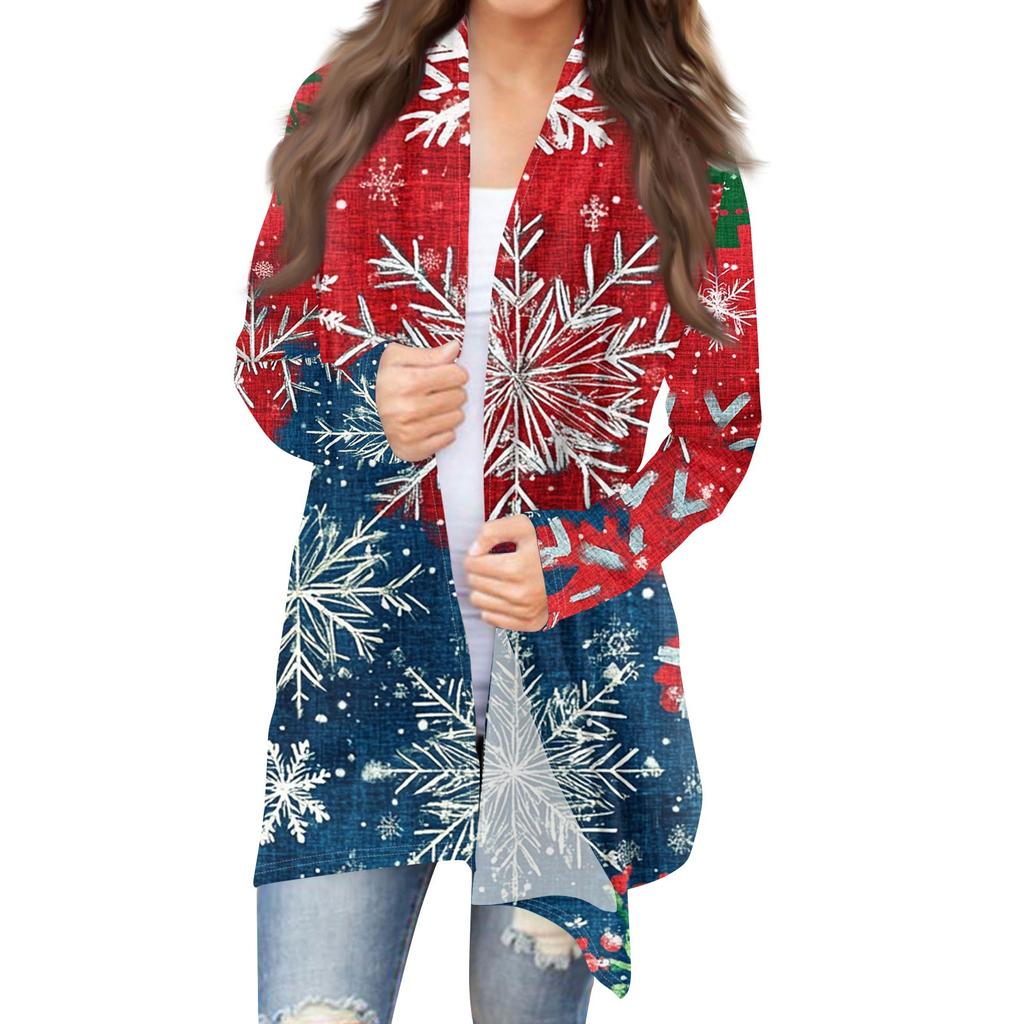Women's Fashion Casual Christmas Print Medium Length Cardigan Jacket Coat