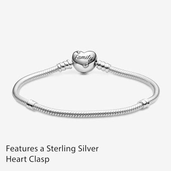 PANDORA Moments Family Tree Heart Clasp Snake Chain Bracelet Clear Cubic Zirconia 925 Sterling Silver Charm