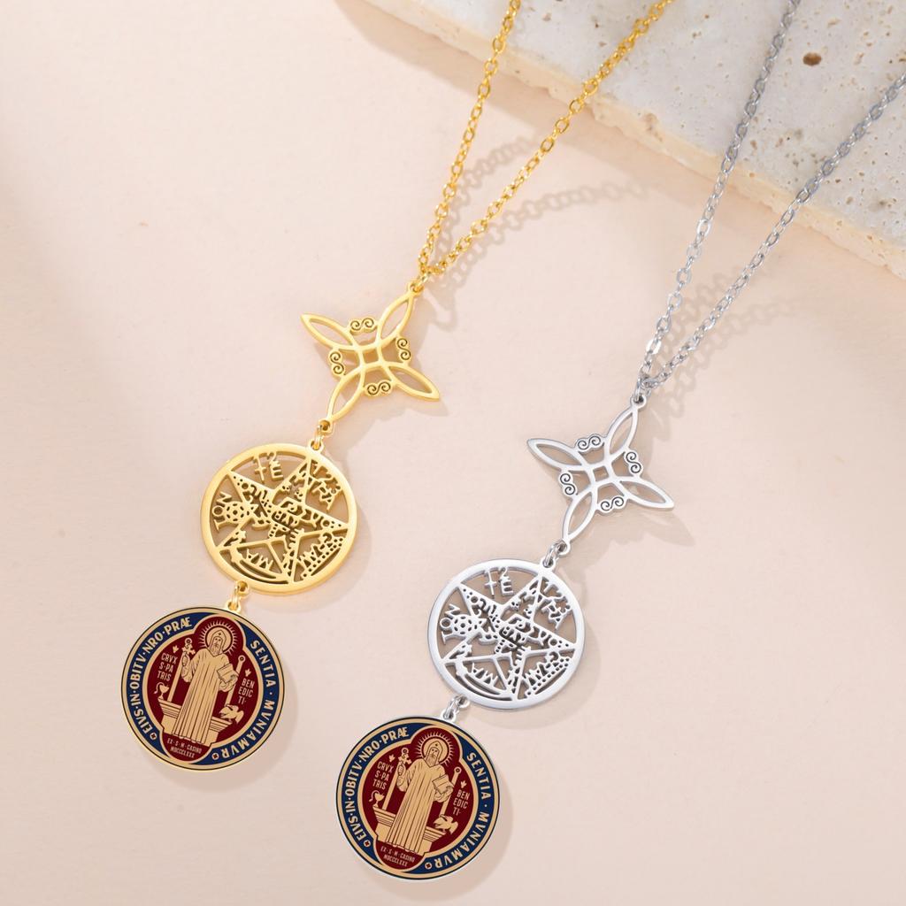 Колье с пентаграммой Святого Бенедикта из нержавеющей стали с изображением ведьминского узла, религиозное украшение с символом тетраграмматона для защиты.