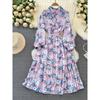 Spring and Autumn Long Sleeves Elegance Wide Hem Printed Dress