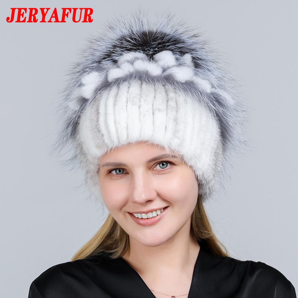 JERYAFUR Женская шапка из натурального меха норки, помпон из лисы, цветы кролика, стильная теплая модная зимняя шапка из натурального меха для девочек, вязаная