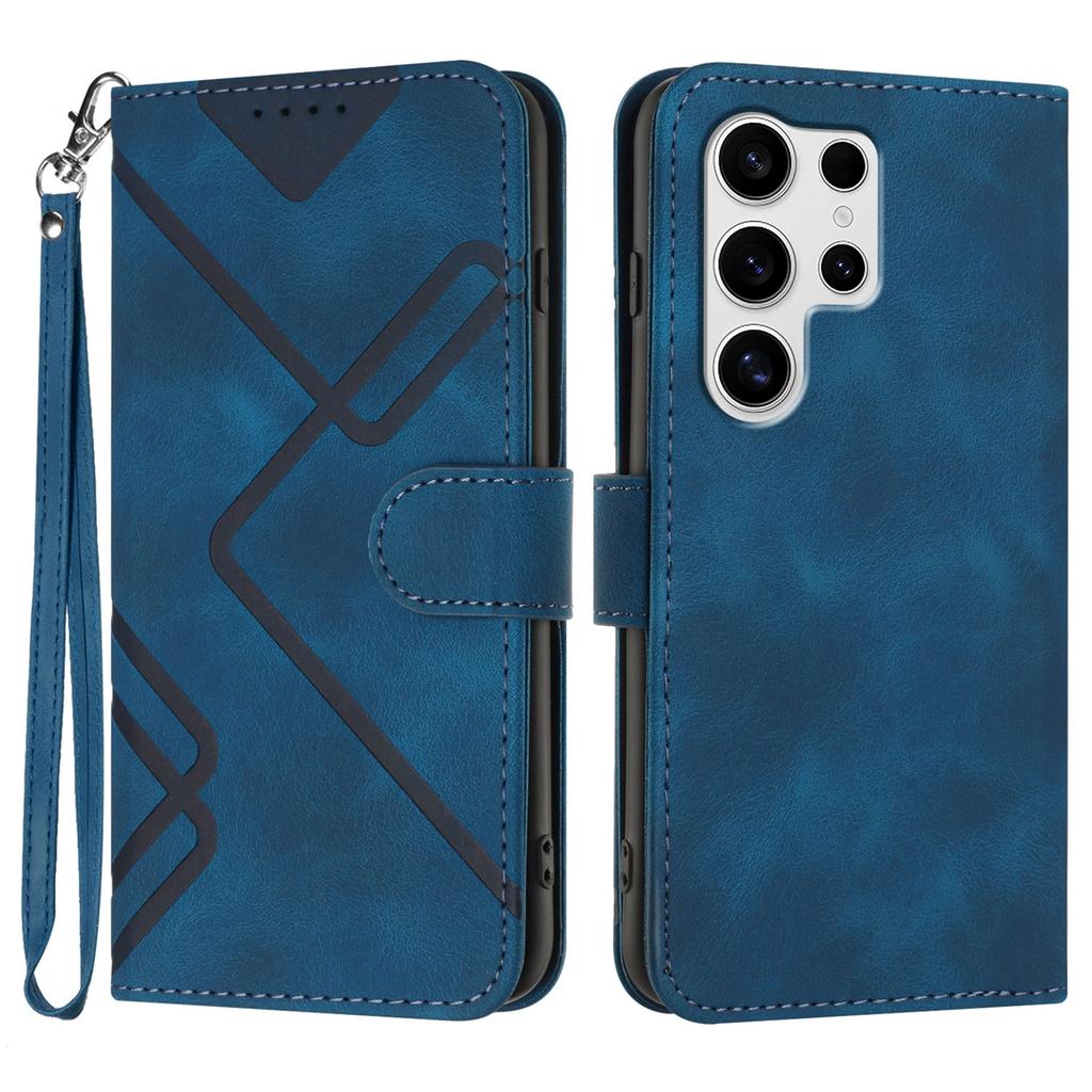 For Samsung Galaxy S25 Ultra Wallet Case Line Imprinted PU Leather Phone Cover with Strap