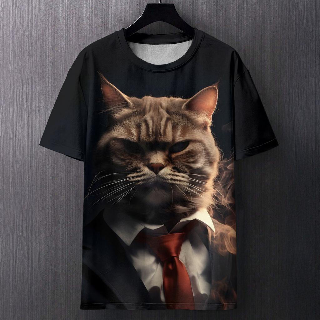 Fun Cat Pattern Printed T-shirt Summer Casual Loose Round Neck Short Sleeved Men's T-shirts