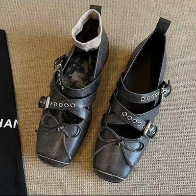 Версия из овчины~ Туфли Мэри Джейн с квадратным носком и перемычкой, с бантом, с перекрестной пряжкой, на толстом каблуке, одинарные туфли