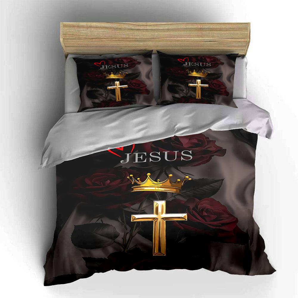 "Jesus Cross Rose Crown Design" Bedding Duvet Cover Set Duvet Cover Pillowcases (1 * Duvet Cover 2 * Pillowcases, without duvet insert)