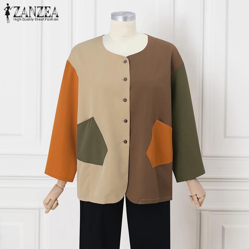 ZANZEA Женские осенние рубашки с круглым вырезом и длинным рукавом, контрастного цвета