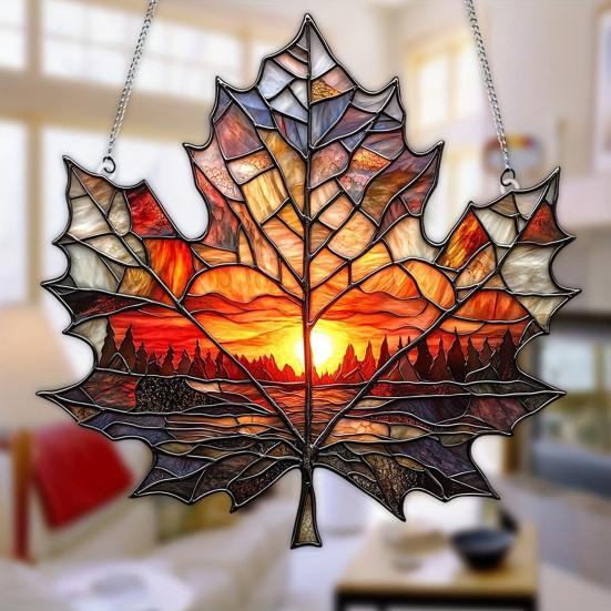 Maple Leaf Sun Catcher Sunset Hanging Decoration Stained Glass Style