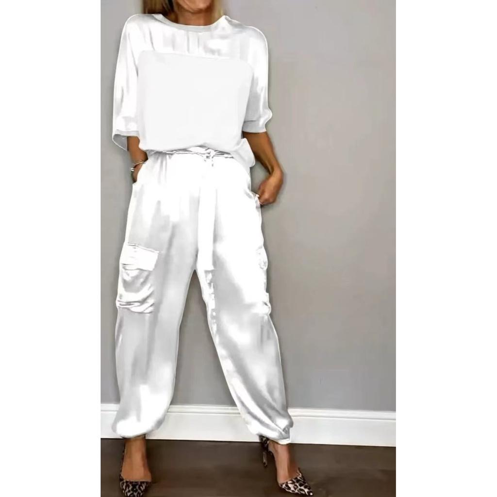 Женский комплект, однотонный комплект из гладкого атласа, топ с рукавами три четверти и брюки, комплект из двух предметов