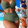 2Pcs/Set Summer Bikini Set Sling Knotted Bra High Waist Swimming Trunks Solid Color Quick-Drying Swimwear Beachwear