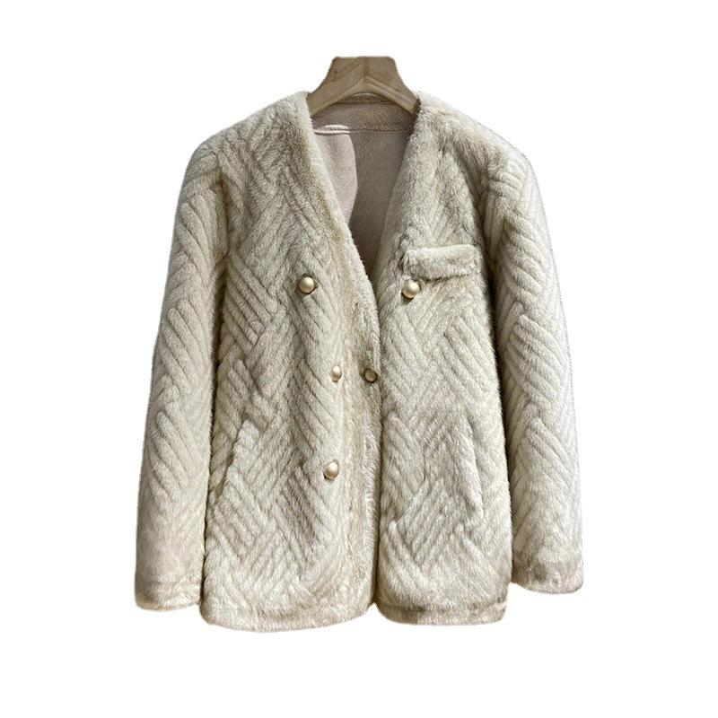 Женская зимняя шуба из искусственного меха норки с интегрированным мехом и V-образным вырезом, двубортное плюшевое пальто