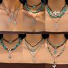 European and American Jewelry Retro Imitation Turquoise Sweater Chain Niche Beaded Necklace Set Ethnic Style Cactus Necklace Decoration